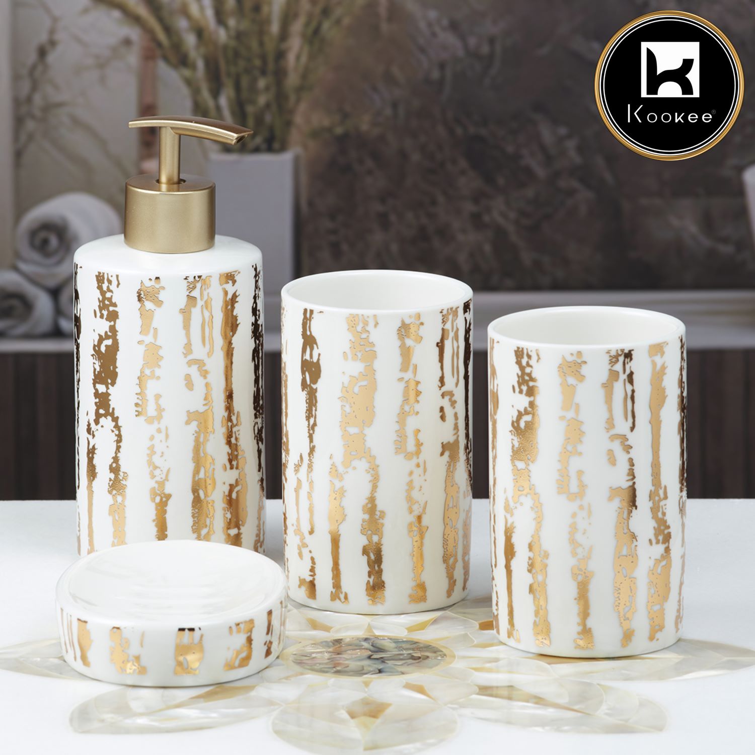 Kookee Ceramic Bathroom Accessories Set of 4, Modern Bath Set with Liquid handwash Soap Dispenser and Toothbrush holder, Luxury Gift Accessory for Home, White/Gold