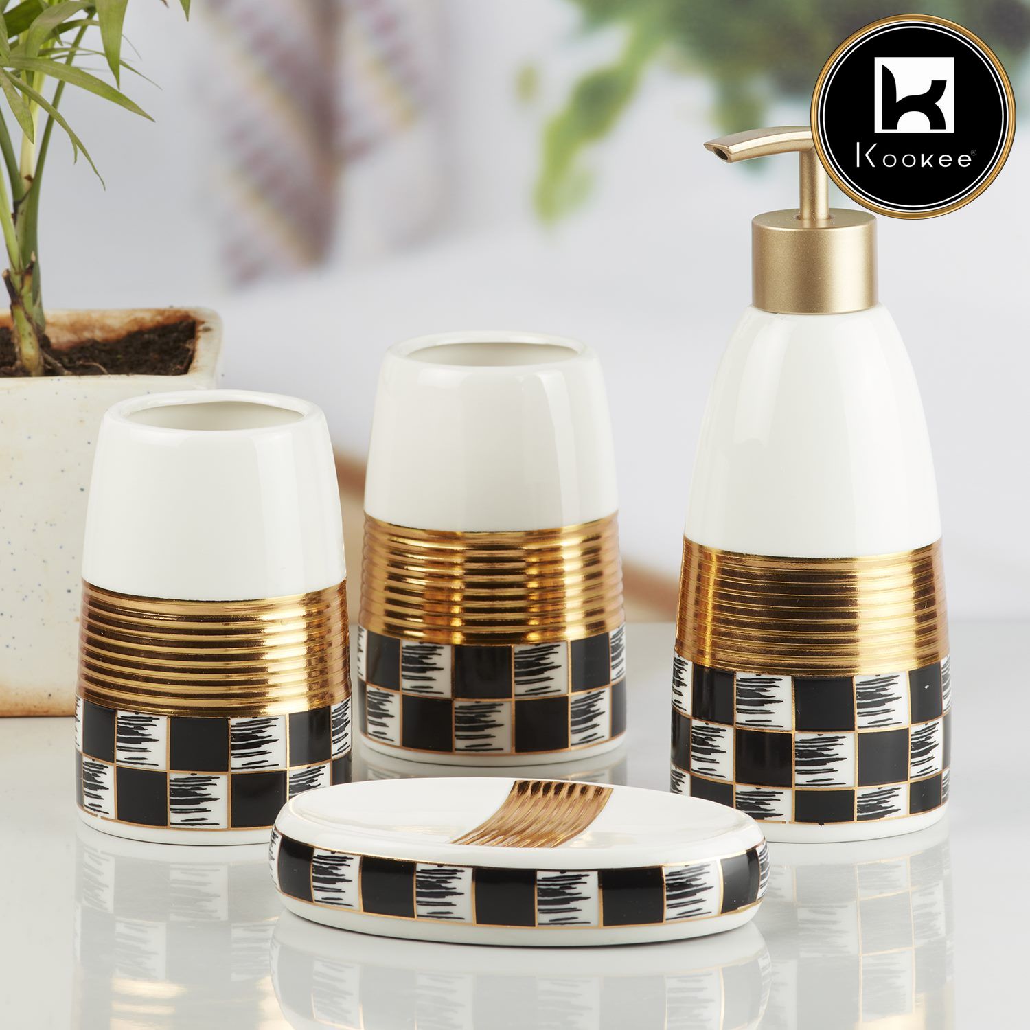 Ceramic Bathroom Accessories Set of 4 with Soap Dispenser (10081)