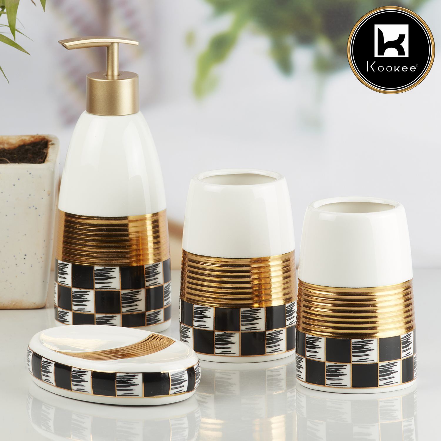 Kookee Ceramic Bathroom Accessories Set of 4, Modern Bath Set with Liquid handwash Soap Dispenser and Toothbrush holder, Luxury Gift Accessory for Home, White/Gold/Black