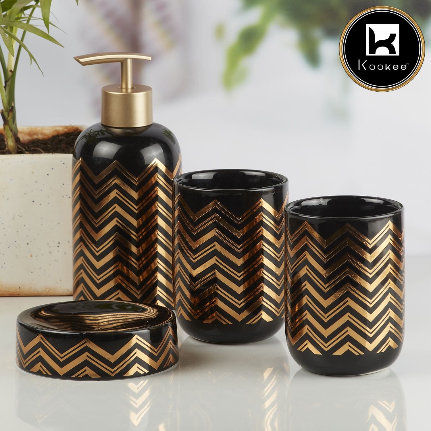 Kookee Ceramic Bathroom Accessories Set of 4, Modern Bath Set with Liquid handwash Soap Dispenser and Toothbrush holder, Luxury Gift Accessory for Home, Black/Gold