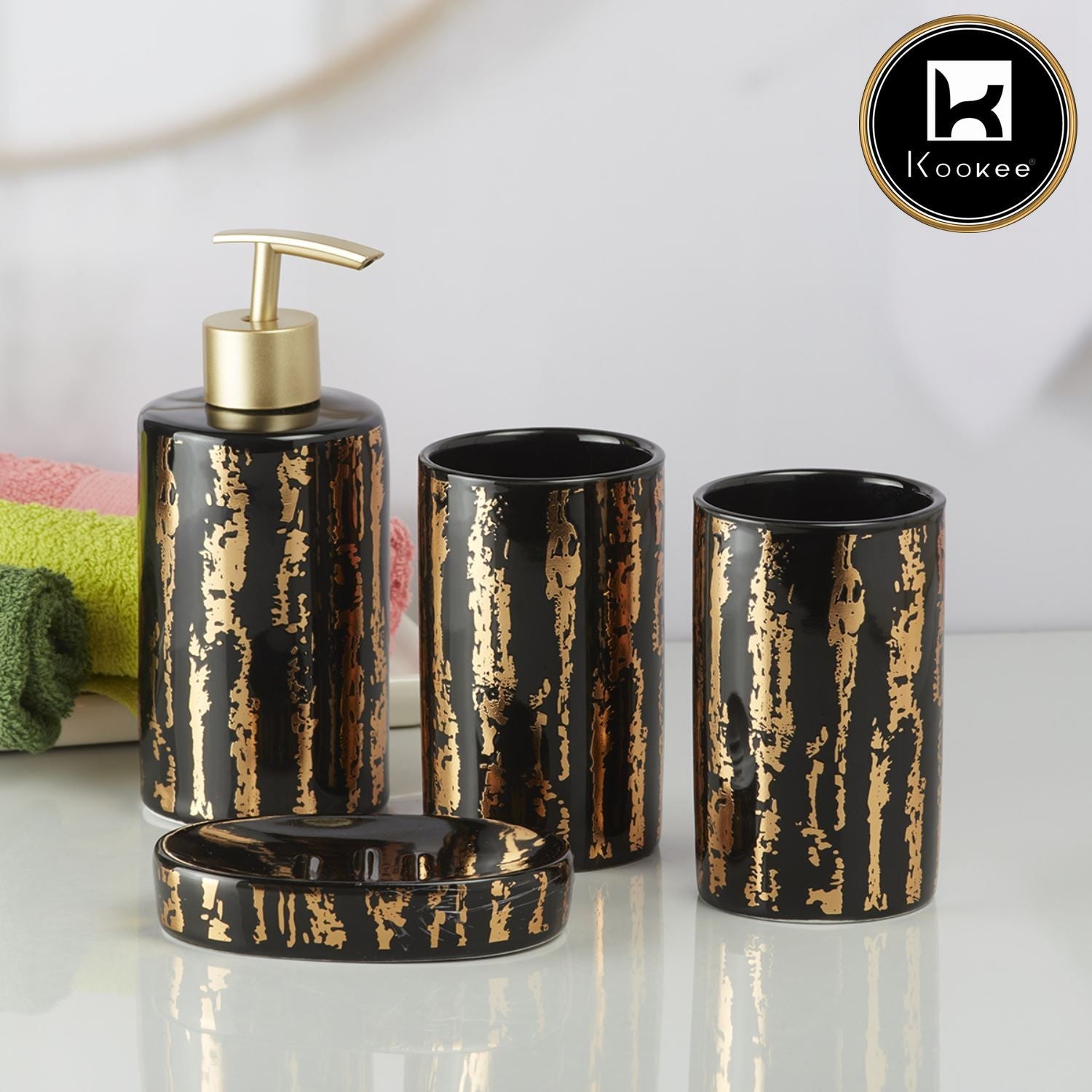 Kookee Ceramic Bathroom Accessories Set of 4, Modern Bath Set with Liquid handwash Soap Dispenser and Toothbrush holder, Luxury Gift Accessory for Home, Black/Gold