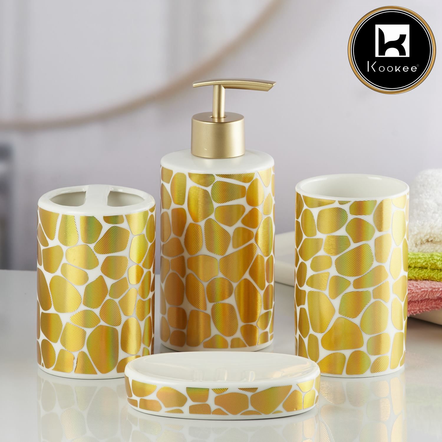 Ceramic Bathroom Set of 4 with Soap Dispenser (10084)