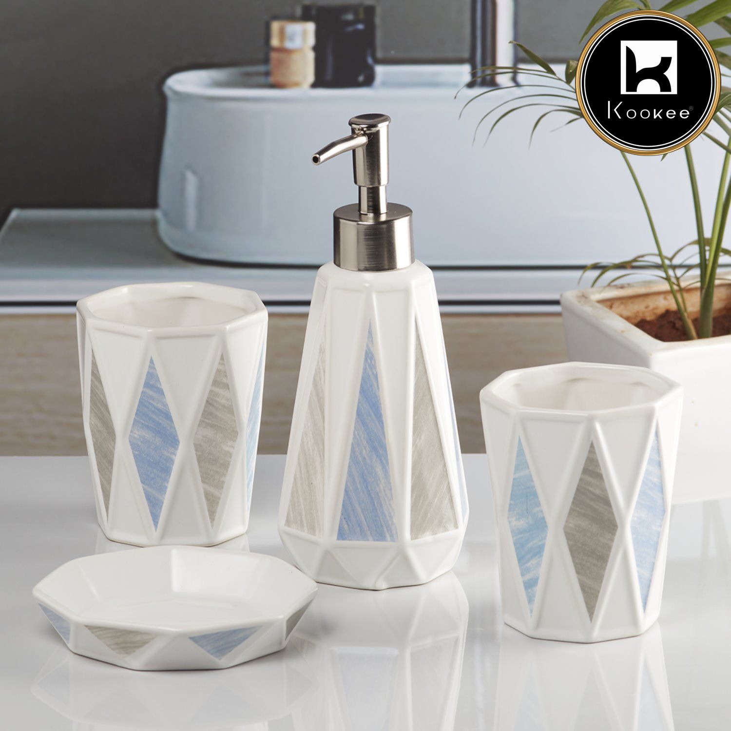 Ceramic Bathroom Accessories Set of 4 with Soap Dispenser (V-CBS-042-2)