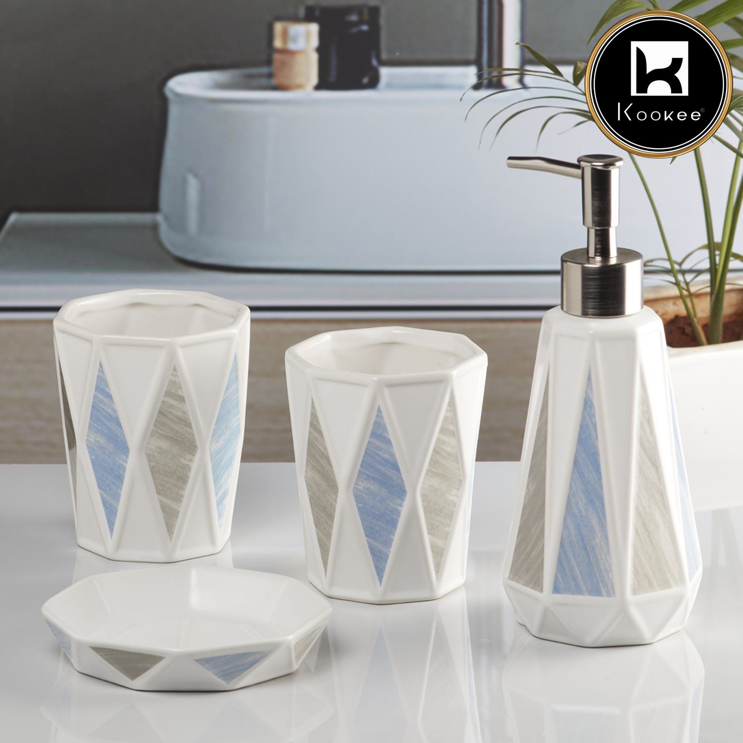 Ceramic Bathroom Accessories Set of 4 with Soap Dispenser (10085)