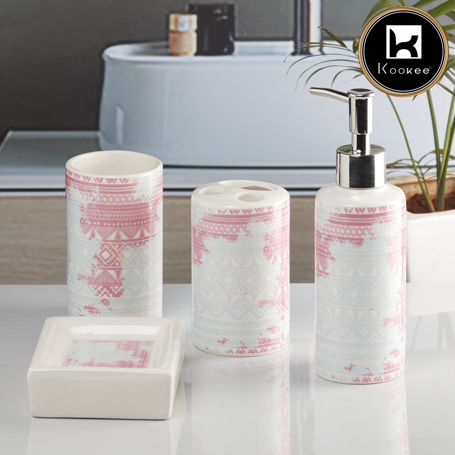 Ceramic Bathroom Set of 4 with Soap Dispenser (10086)