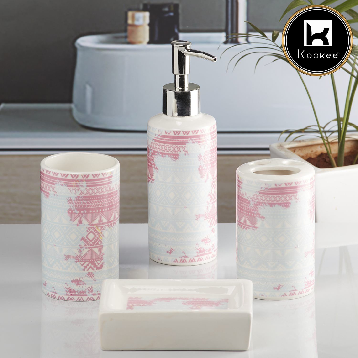 Ceramic Bathroom Set of 4 with Soap Dispenser (10086)