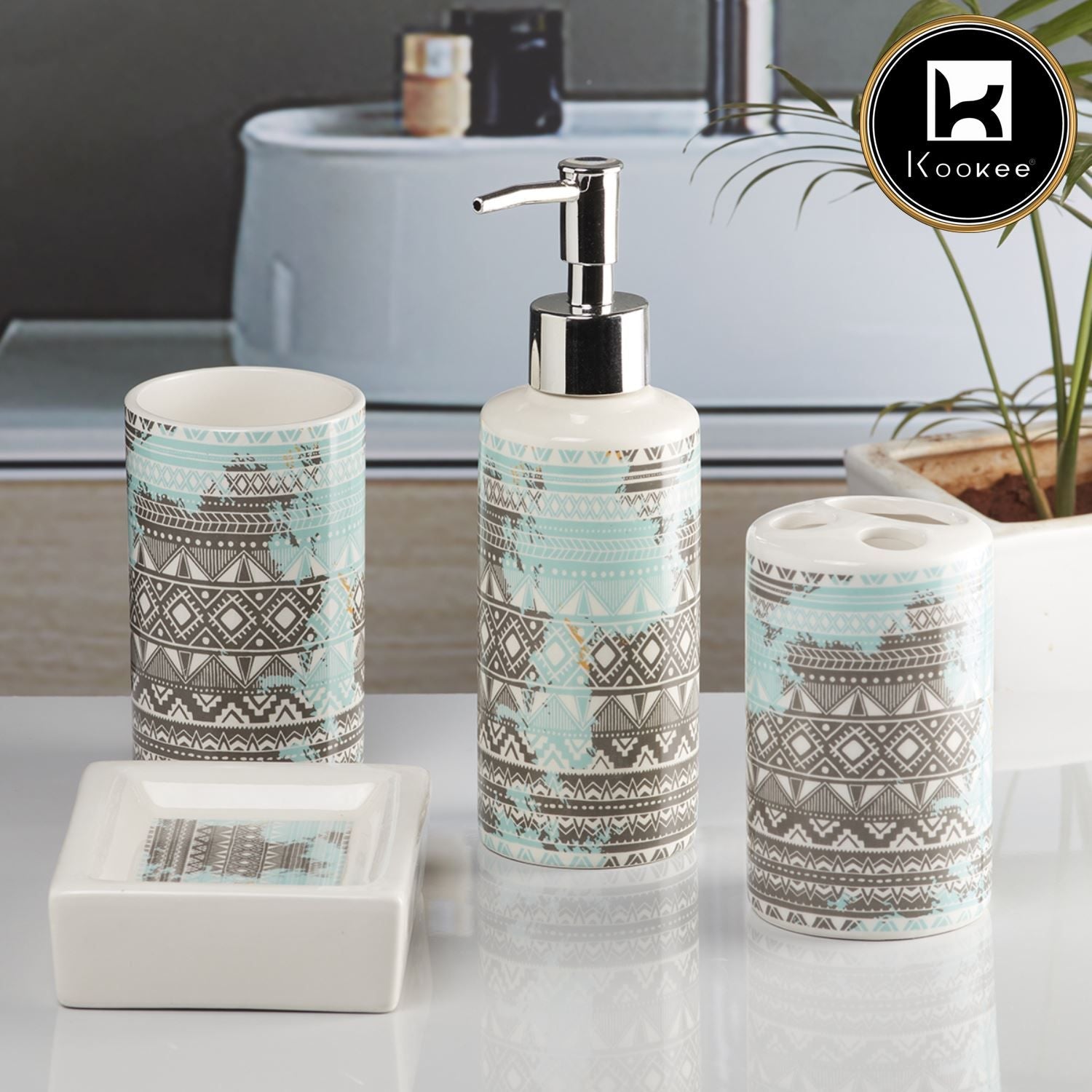 Ceramic Bathroom Set of 4 with Soap Dispenser (10087)