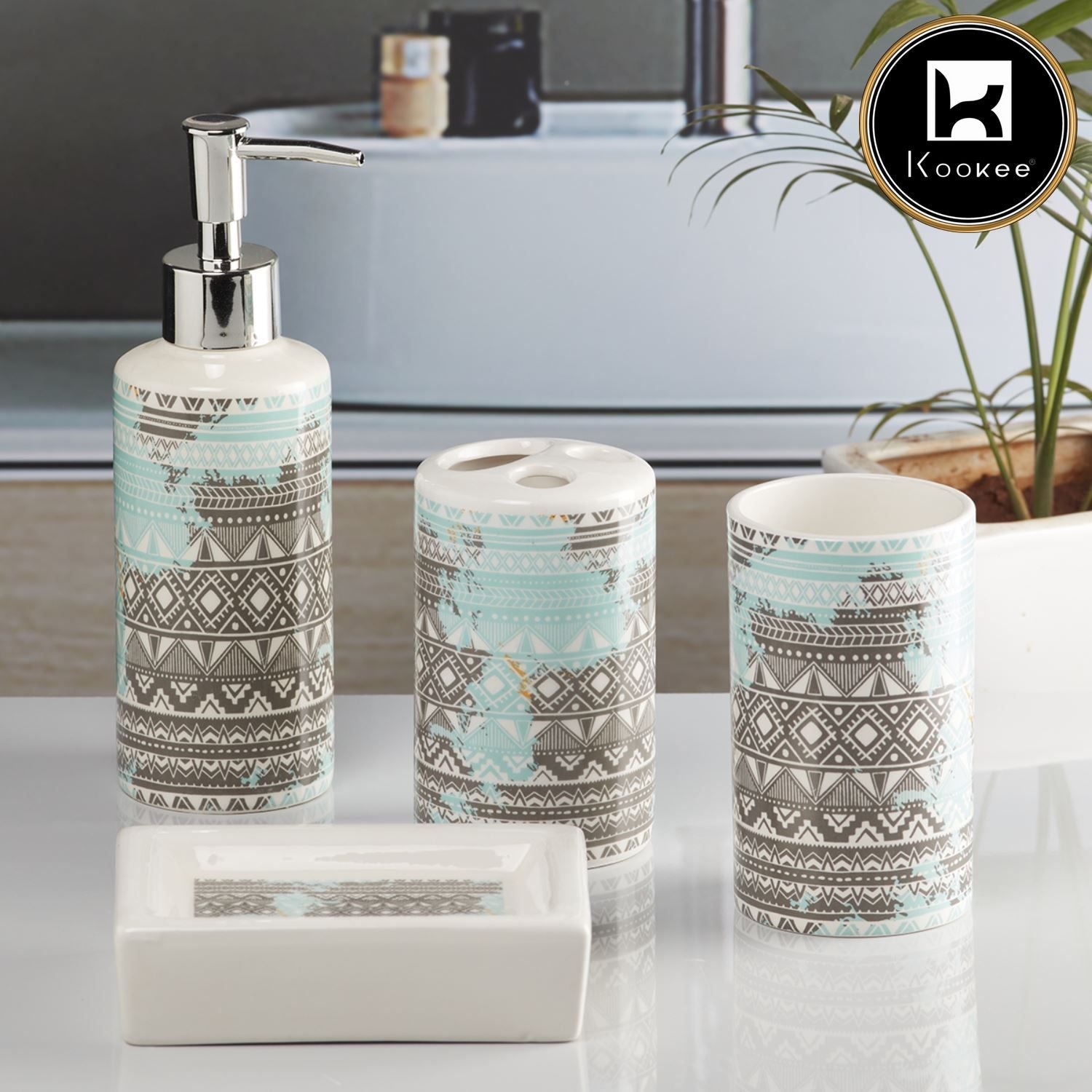 Ceramic Bathroom Set of 4 with Soap Dispenser (10087)