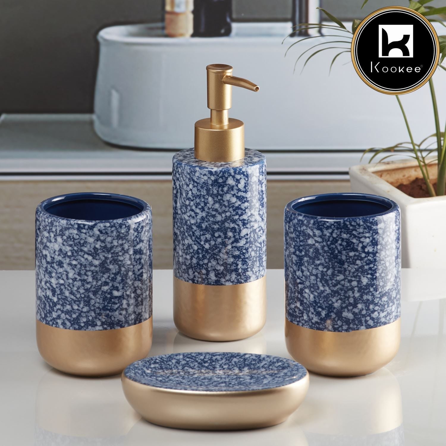 Ceramic Bathroom Set of 4 with Soap Dispenser (10088)