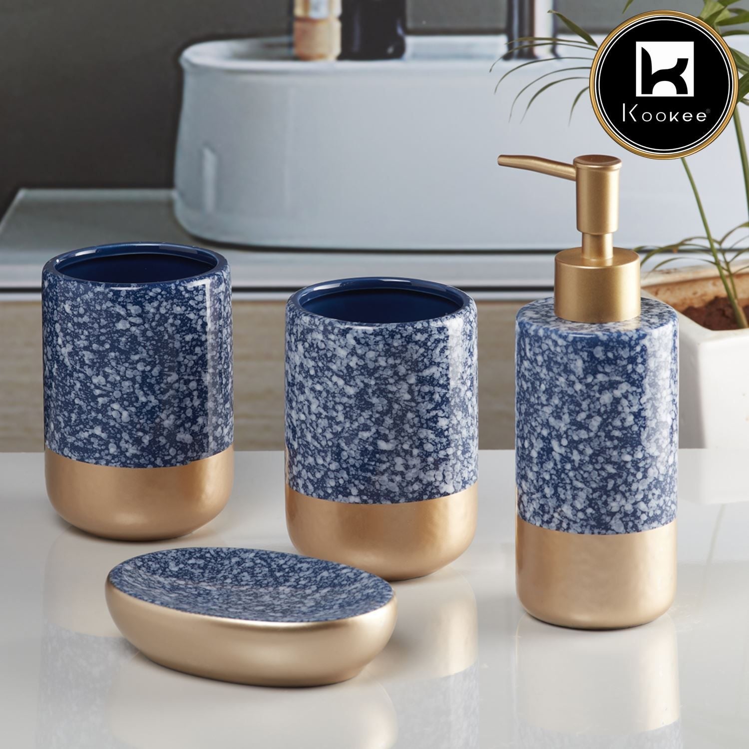 Ceramic Bathroom Set of 4 with Soap Dispenser (10088)