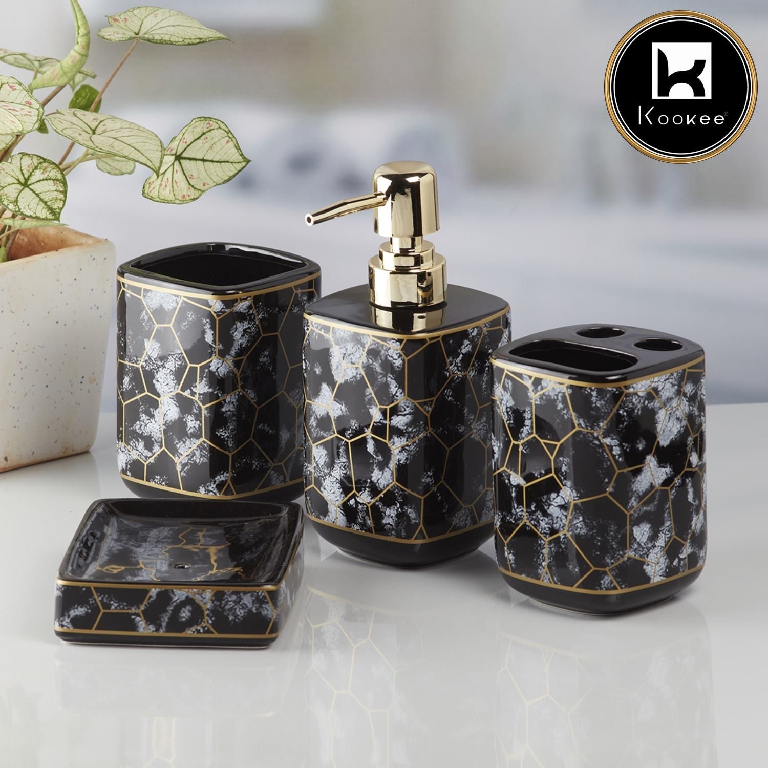 Ceramic Bathroom Accessories Set of 4 with Soap Dispenser (V-CBS-006-1)