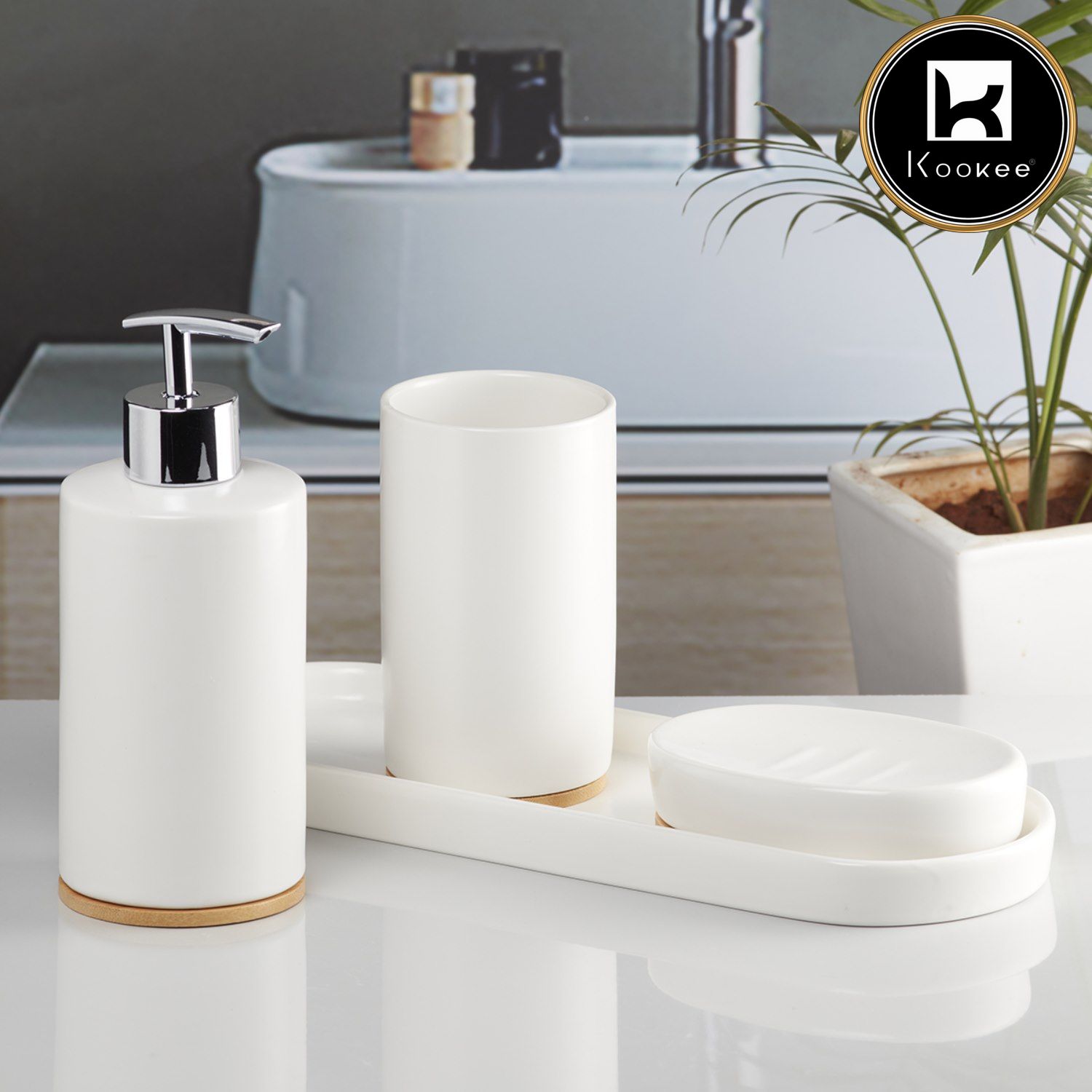 Ceramic Bathroom Accessories Set of 4 with Soap Dispenser (10090)