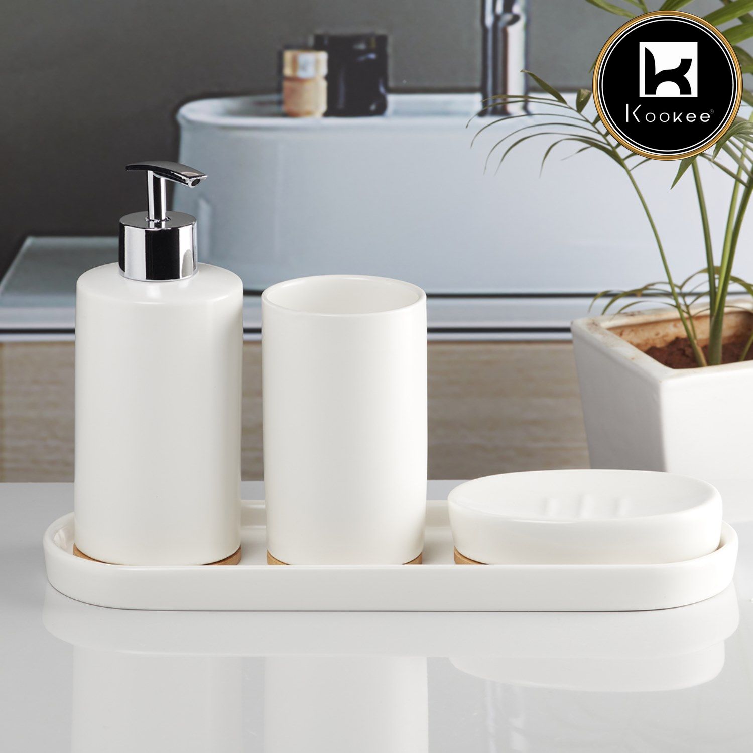 Ceramic Bathroom Accessories Set of 4 with Soap Dispenser (10090)