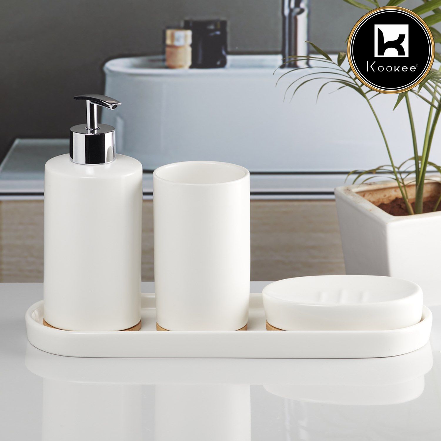 Kookee Ceramic Bathroom Accessories Set of 4, Modern Bath Set with Liquid handwash Soap Dispenser and Toothbrush holder, Luxury Gift Accessory for Home, White