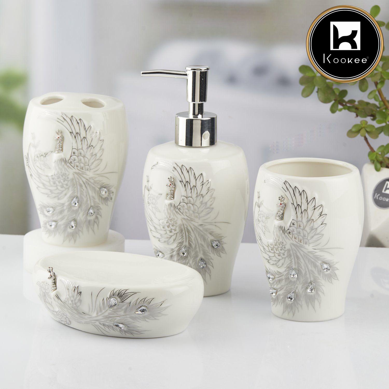 Ceramic Bathroom Set of 4 with Soap Dispenser (10095)