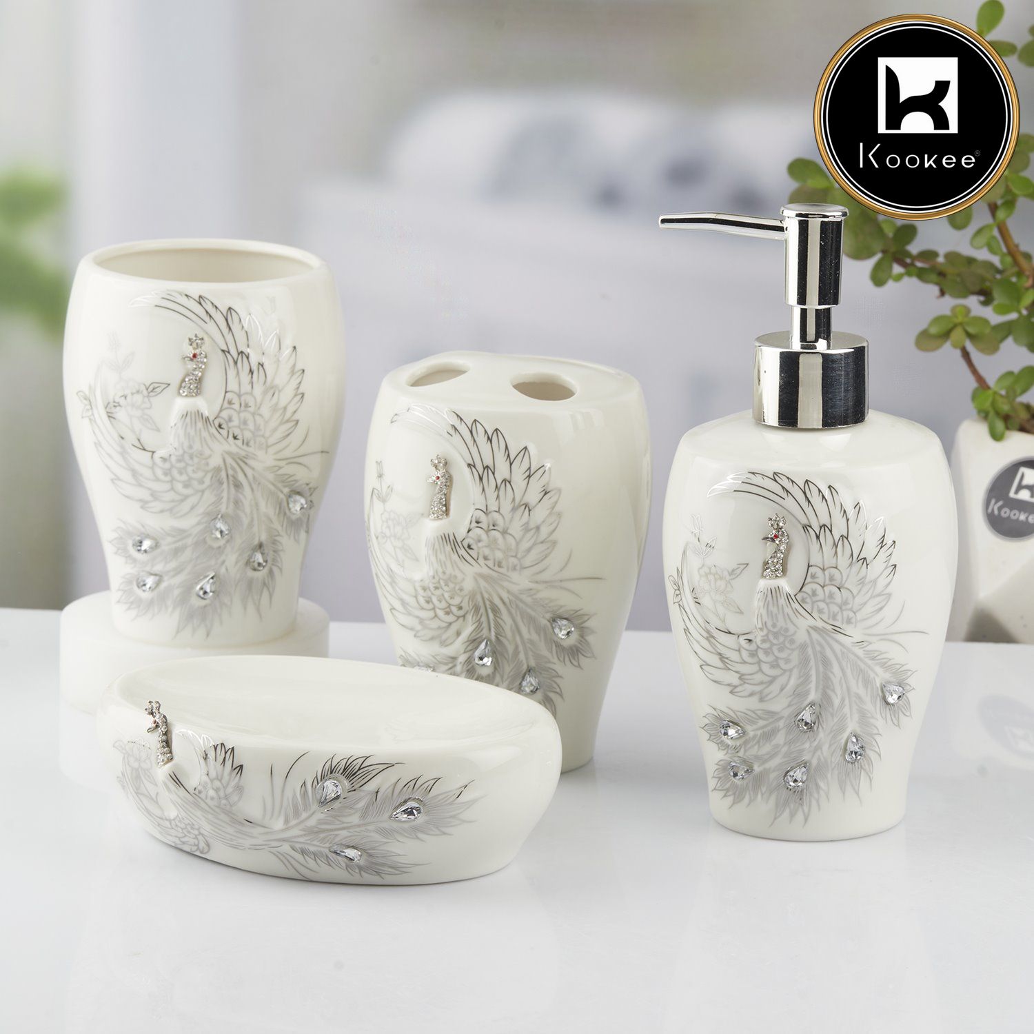 Ceramic Bathroom Set of 4 with Soap Dispenser (10095)