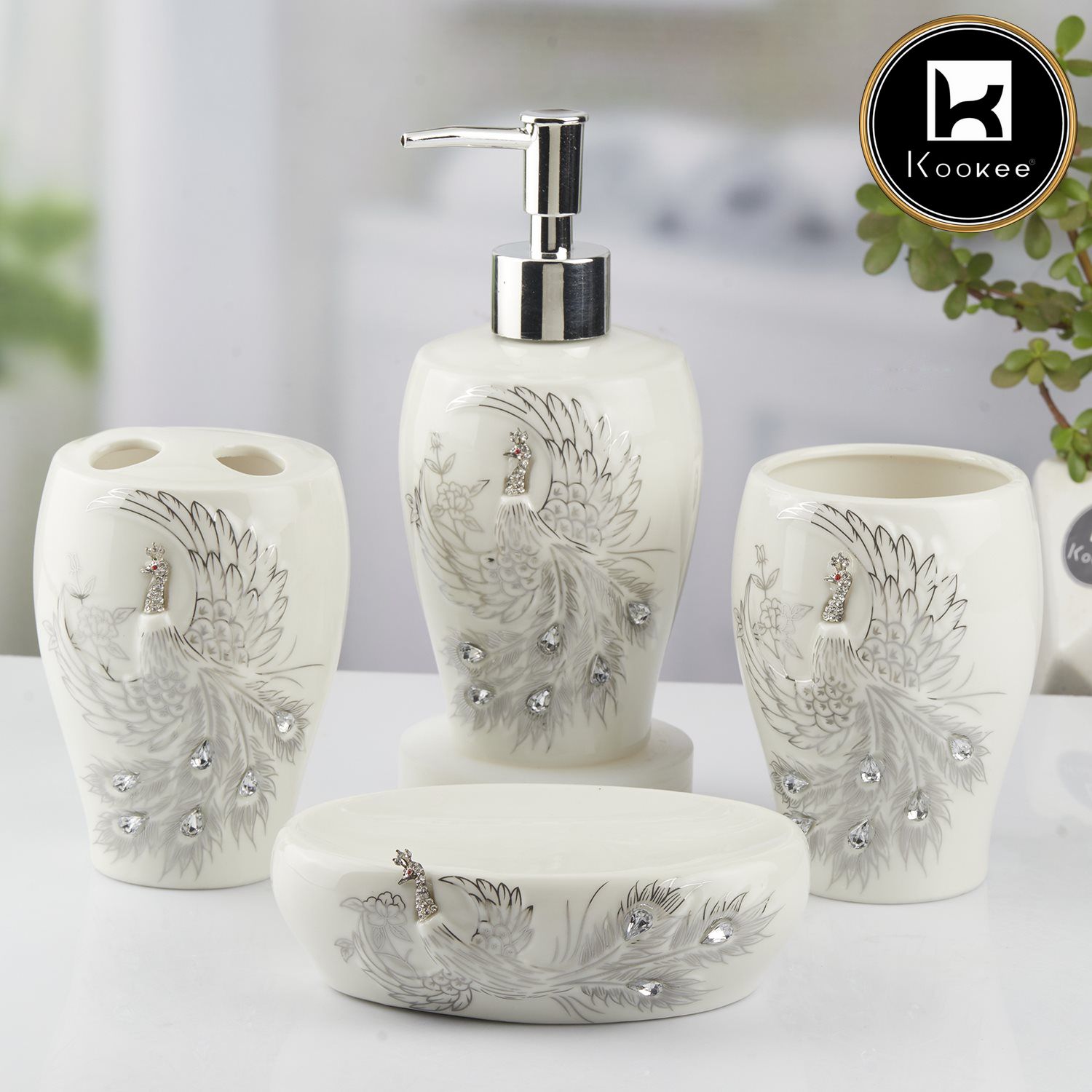 Ceramic Bathroom Set of 4 with Soap Dispenser (10095)