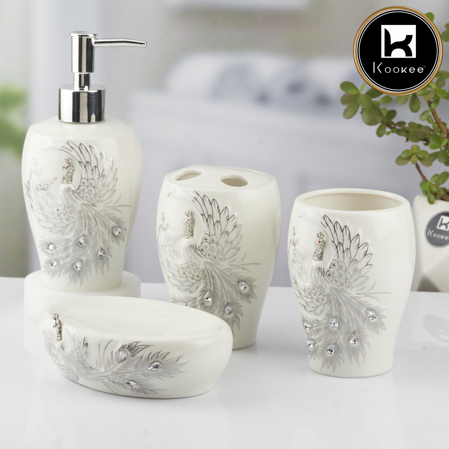 Ceramic Bathroom Set of 4 with Soap Dispenser (10095)