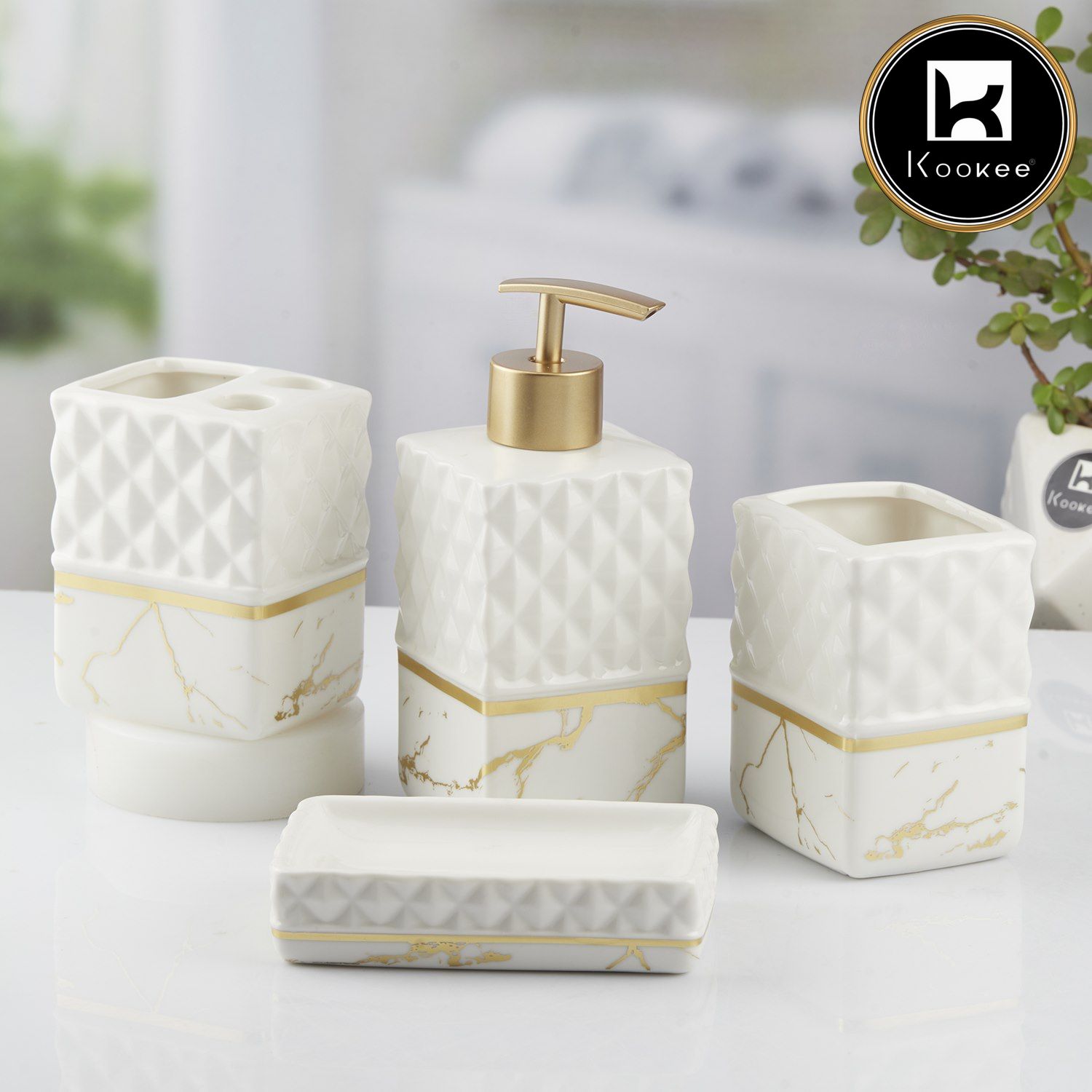 Ceramic Bathroom Set of 4 with Soap Dispenser (10096)