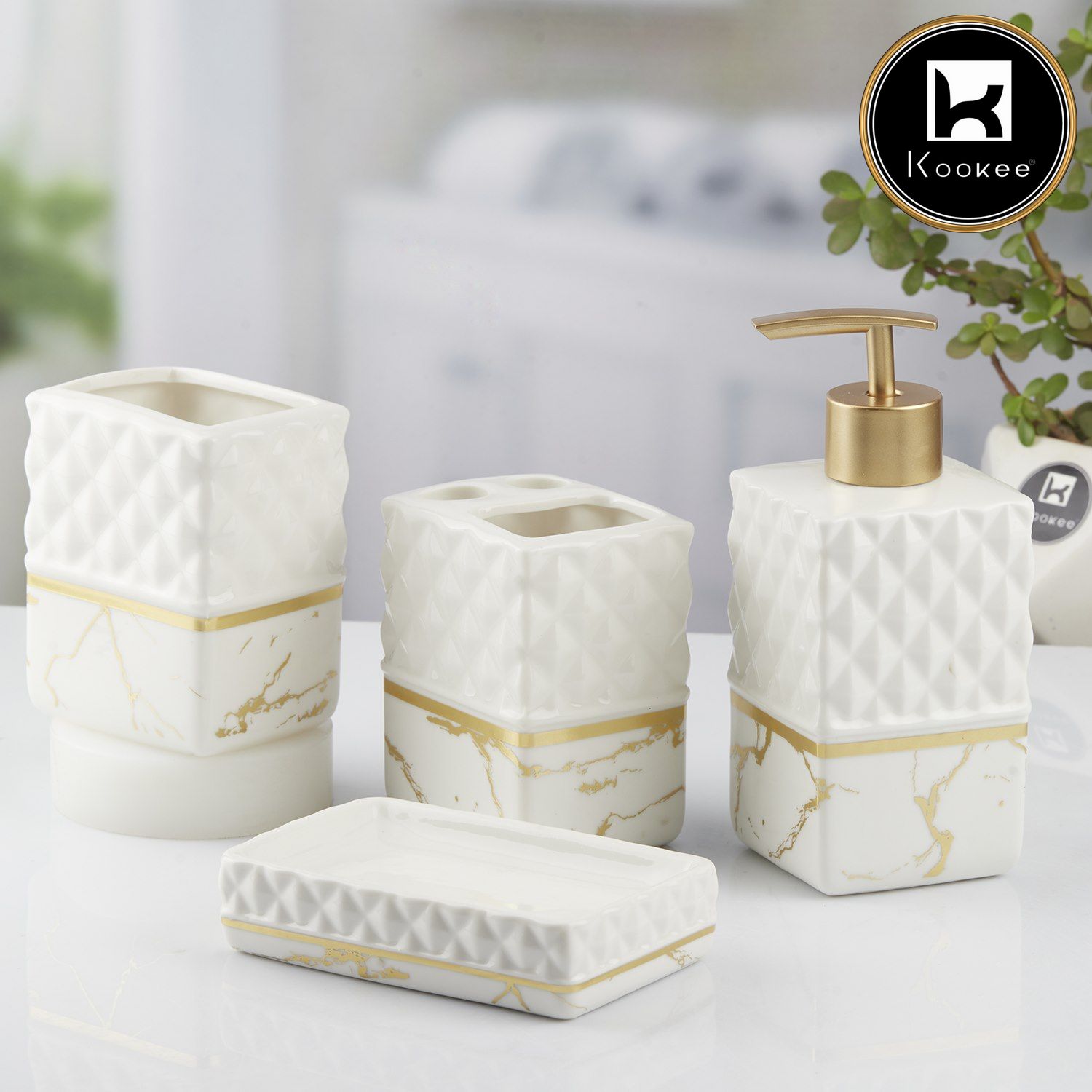 Ceramic Bathroom Set of 4 with Soap Dispenser (10096)