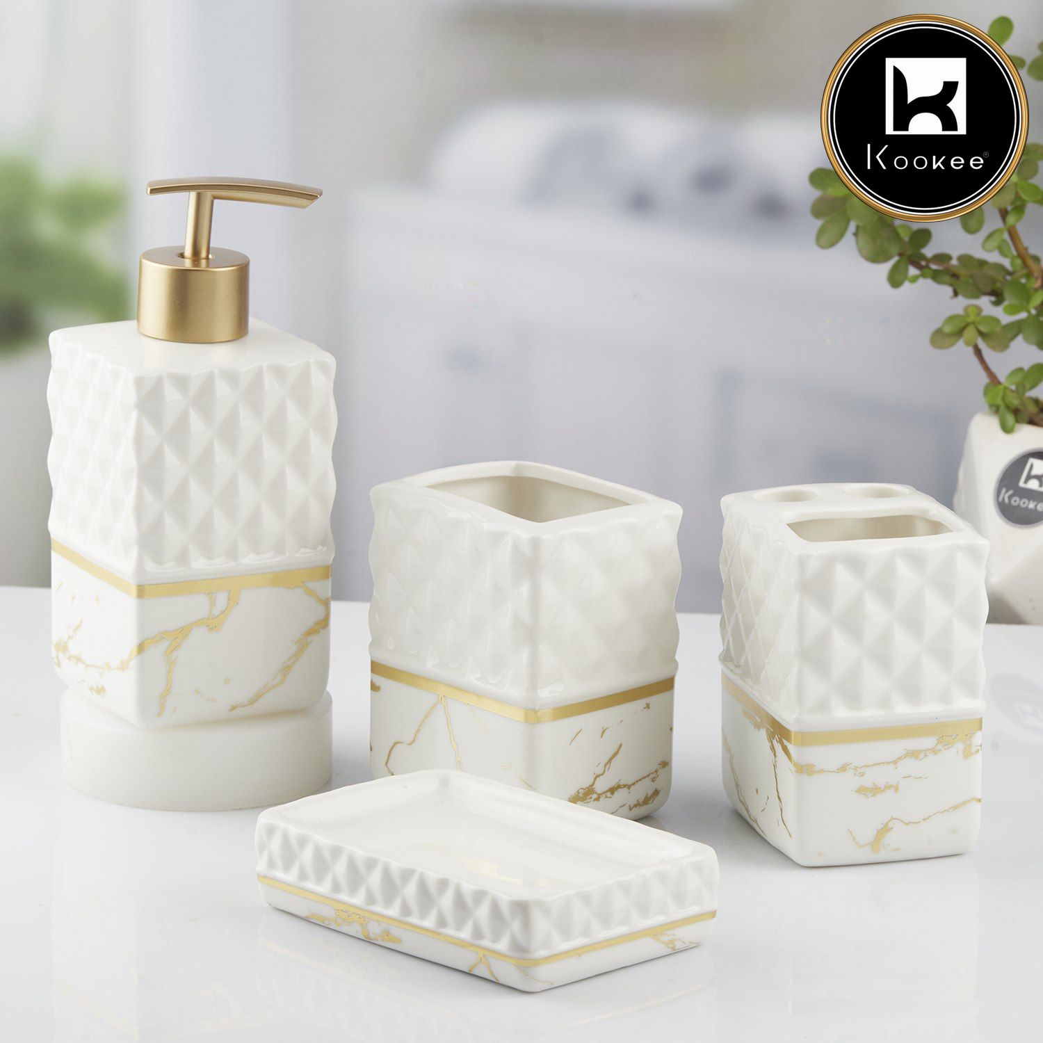 Kookee Ceramic Bathroom Accessories Set of 4, Modern Bath Set with Liquid handwash Soap Dispenser and Toothbrush holder, Luxury Gift Accessory for Home, White/Gold