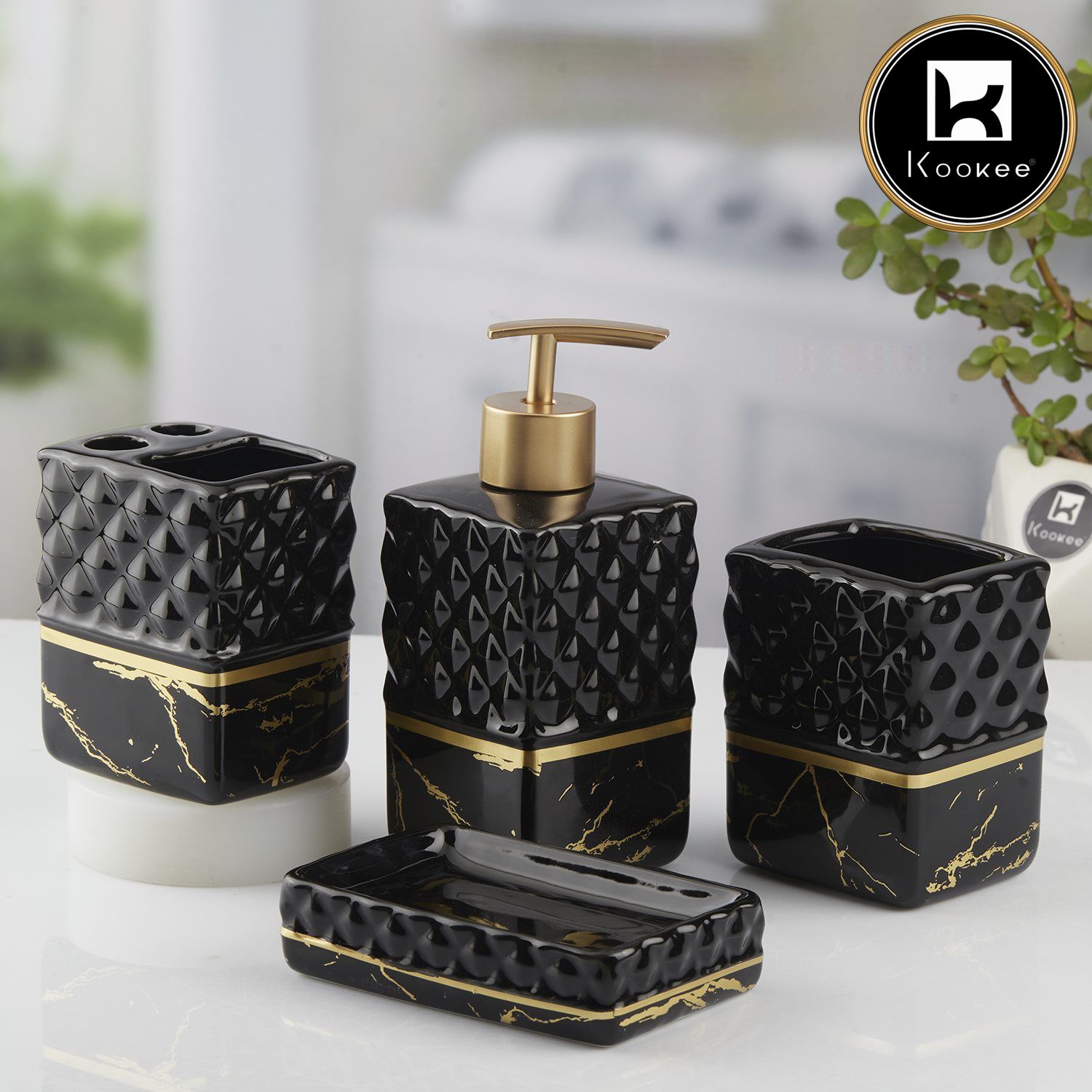 Ceramic Bathroom Set of 4 with Soap Dispenser (10097)