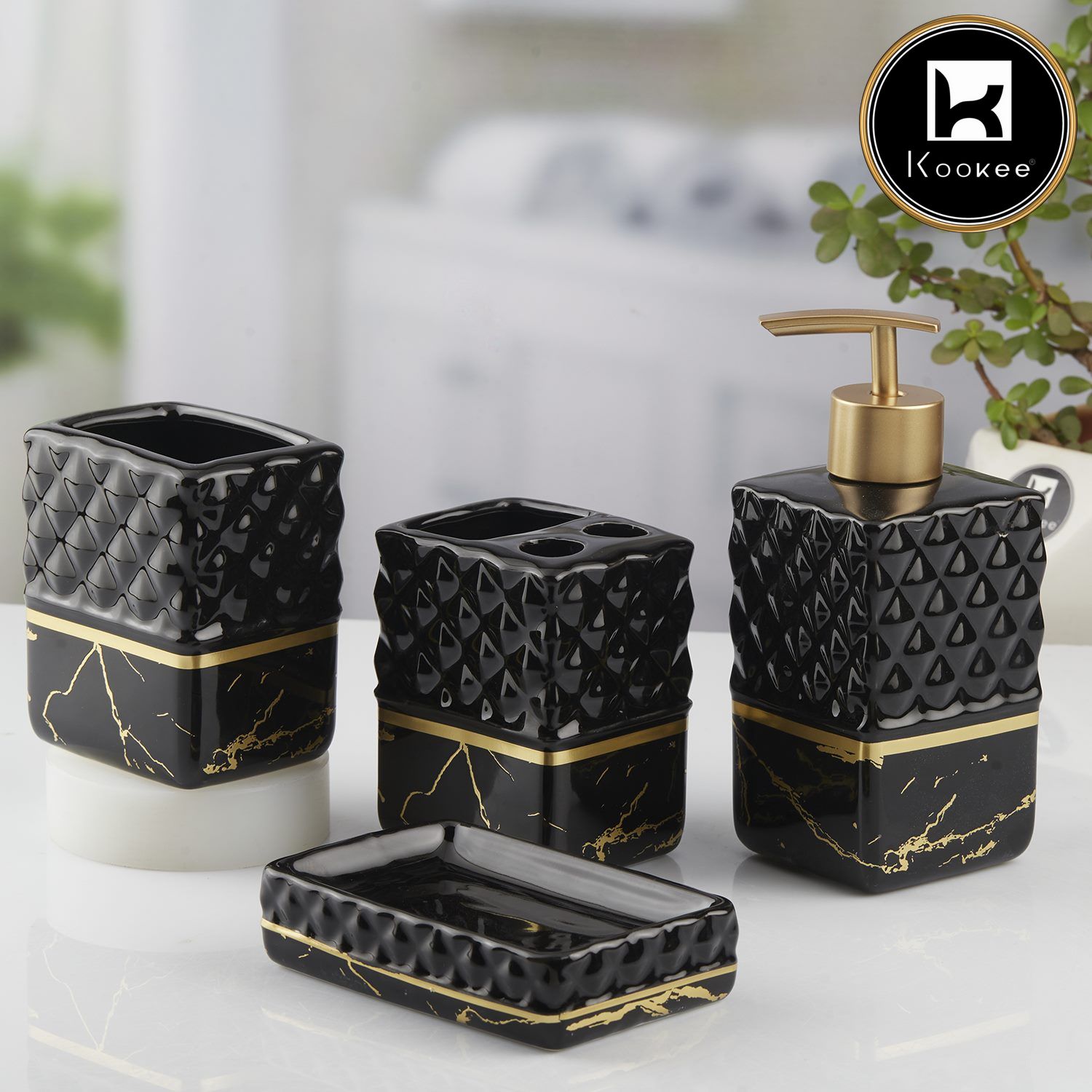 Ceramic Bathroom Set of 4 with Soap Dispenser (V-CBS-028-1)