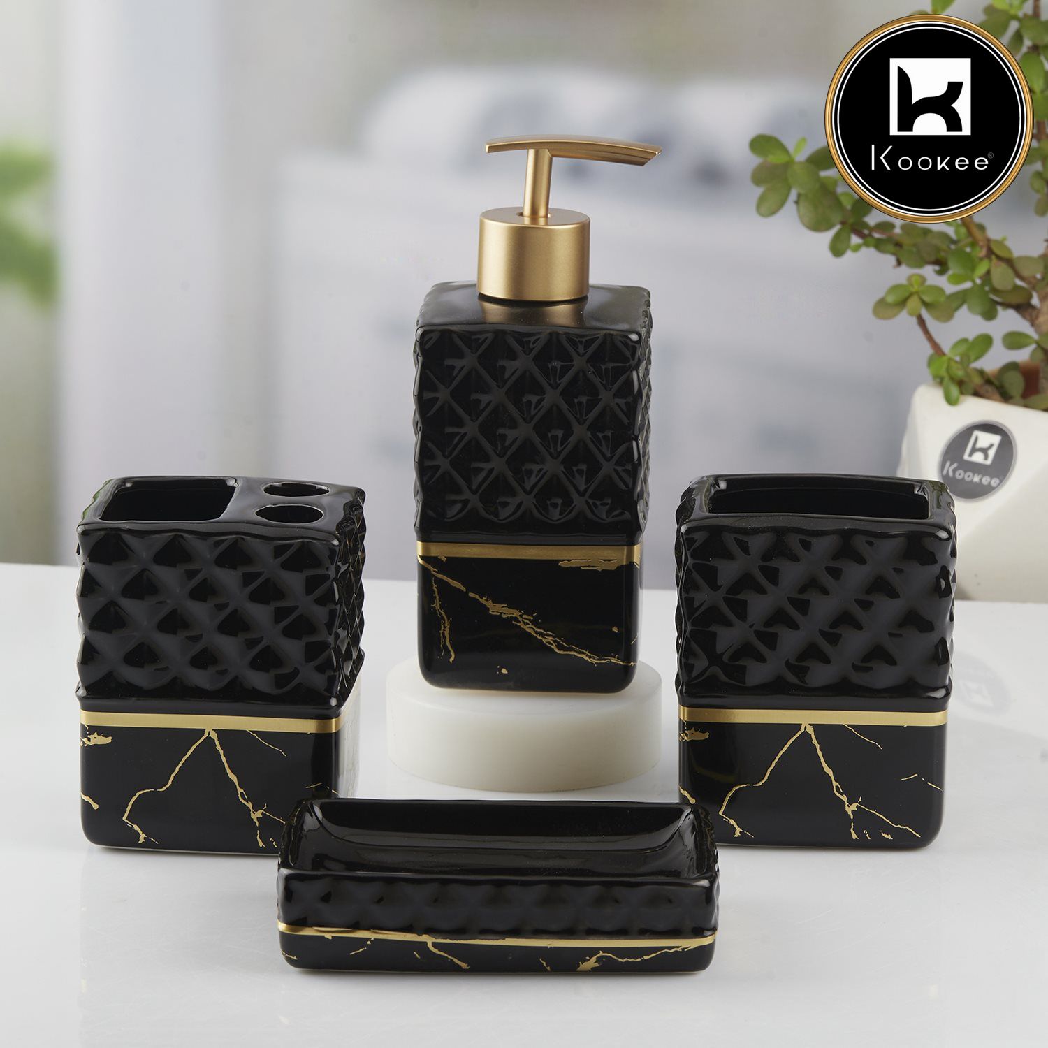 Ceramic Bathroom Set of 4 with Soap Dispenser (10097)