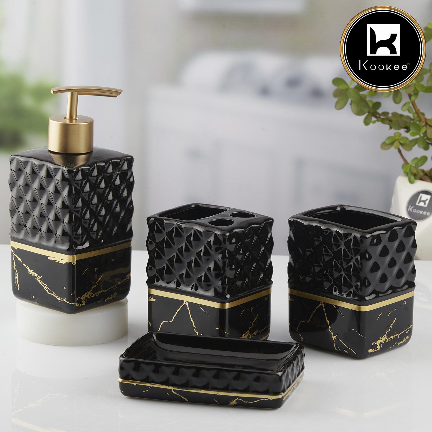 Ceramic Bathroom Set of 4 with Soap Dispenser (10097)