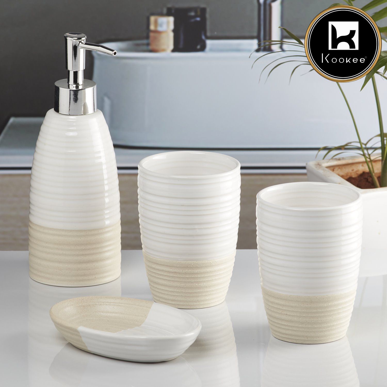 Ceramic Bathroom Set of 4 with Soap Dispenser (10098)