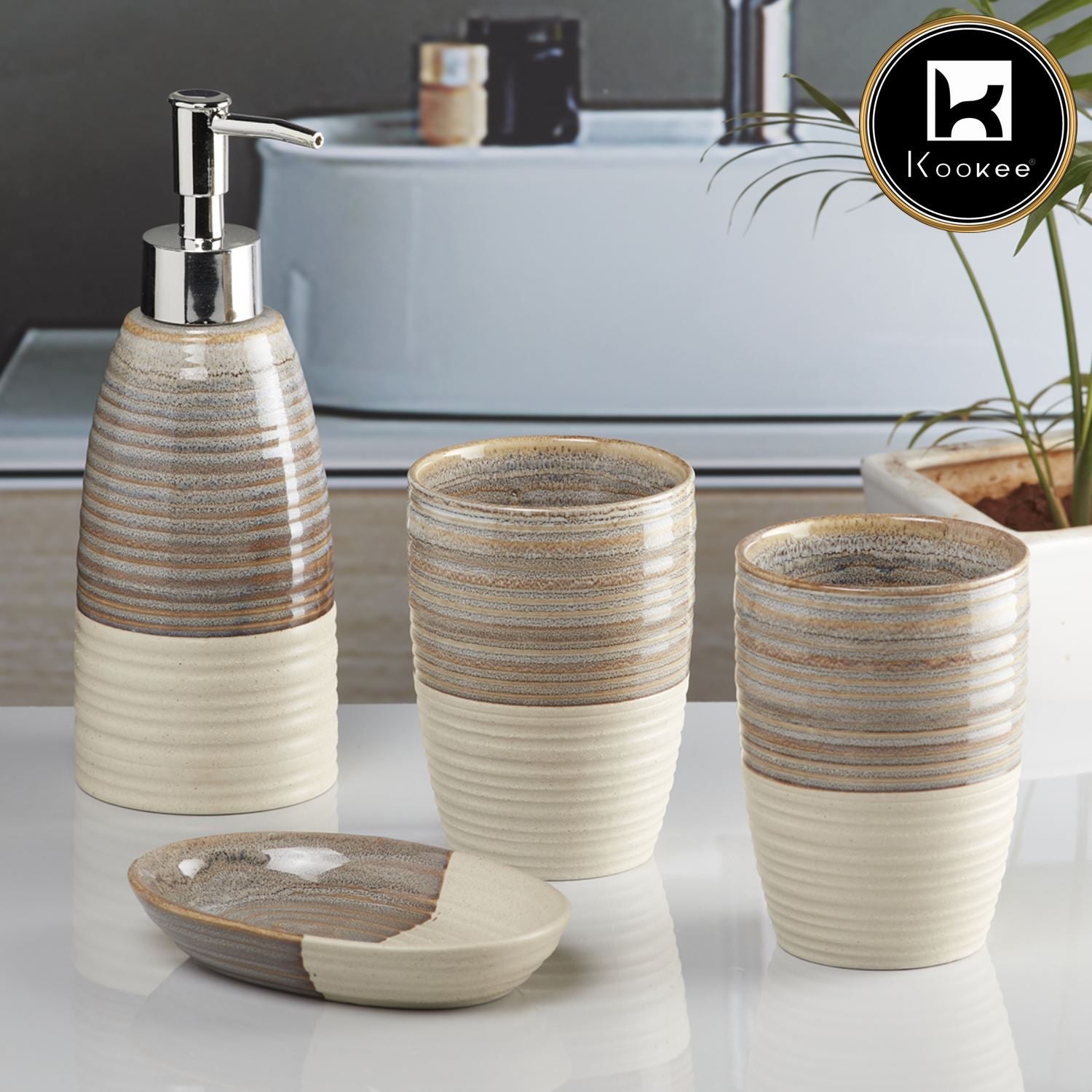 Ceramic Bathroom Set of 4 with Soap Dispenser (V-CBS-036-1)