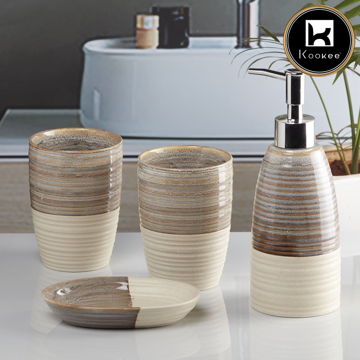 Ceramic Bathroom Set of 4 with Soap Dispenser (V-CBS-036-1)