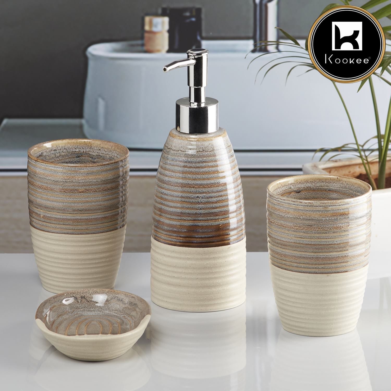 Ceramic Bathroom Set of 4 with Soap Dispenser (V-CBS-036-1)