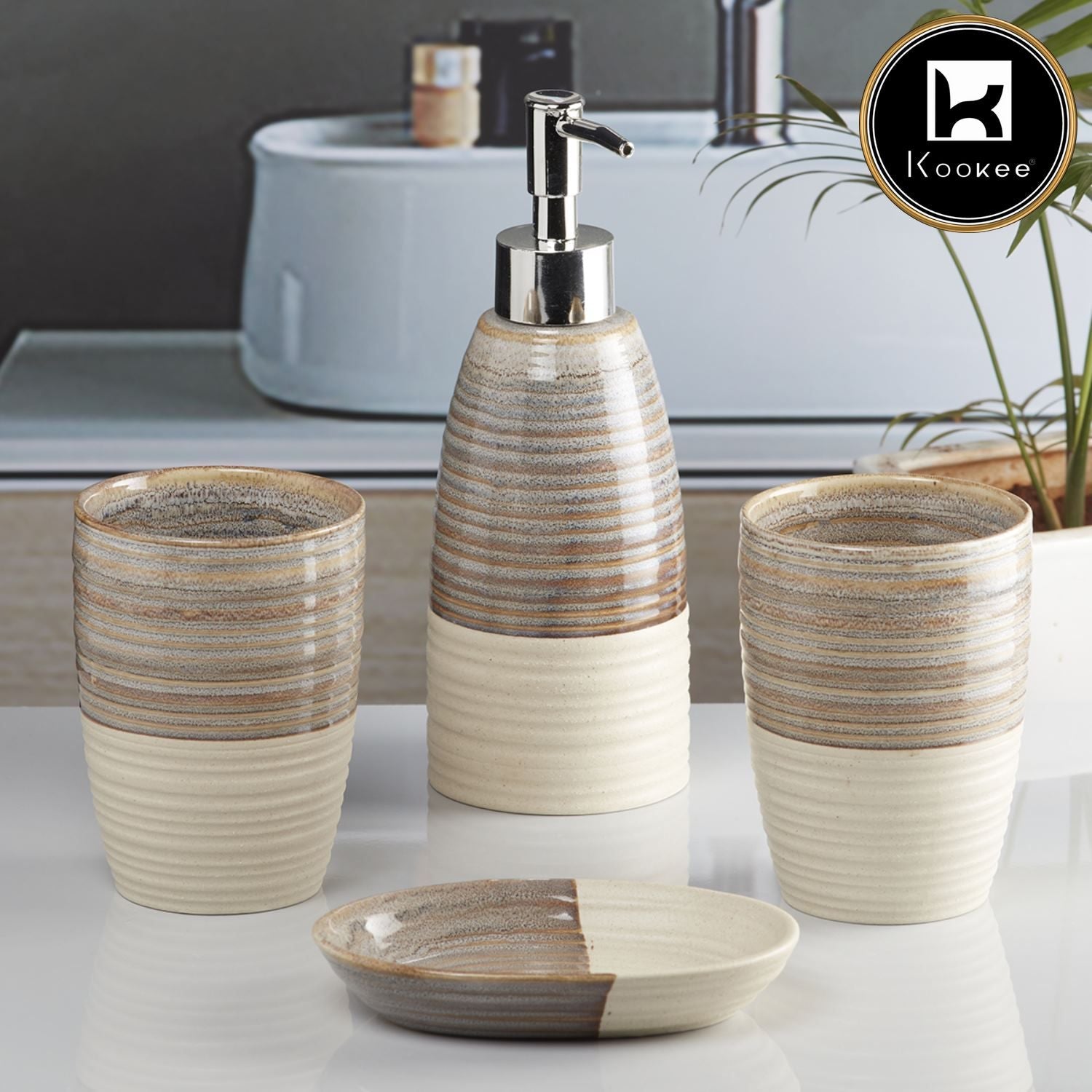 Ceramic Bathroom Set of 4 with Soap Dispenser (10099)