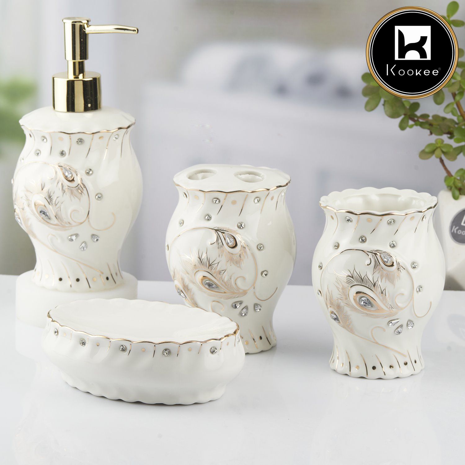 Kookee Ceramic Bathroom Accessories Set of 4, Modern Bath Set with Liquid handwash Soap Dispenser and Toothbrush holder, Luxury Gift Accessory for Home, White/Silver/Gold