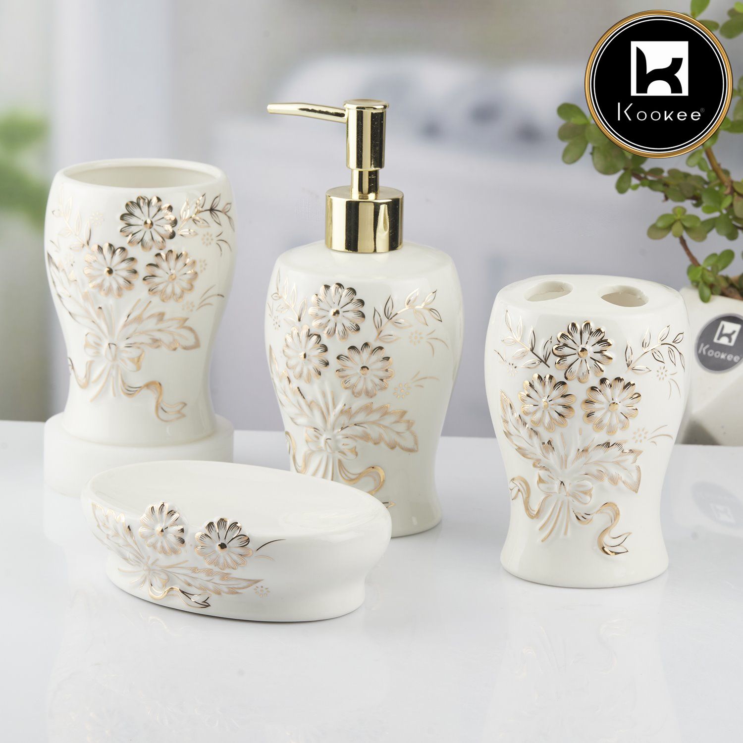 Ceramic Bathroom Accessories Set of 4 with Soap Dispenser (10103)