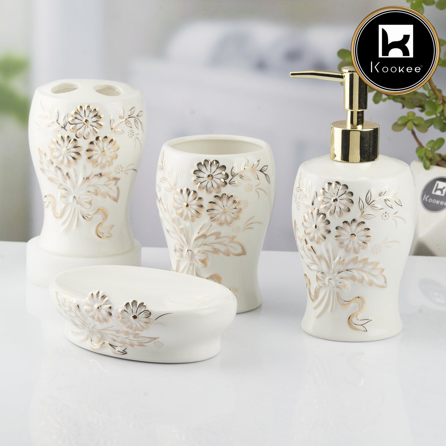 Ceramic Bathroom Accessories Set of 4 with Soap Dispenser (V-CBS-005)