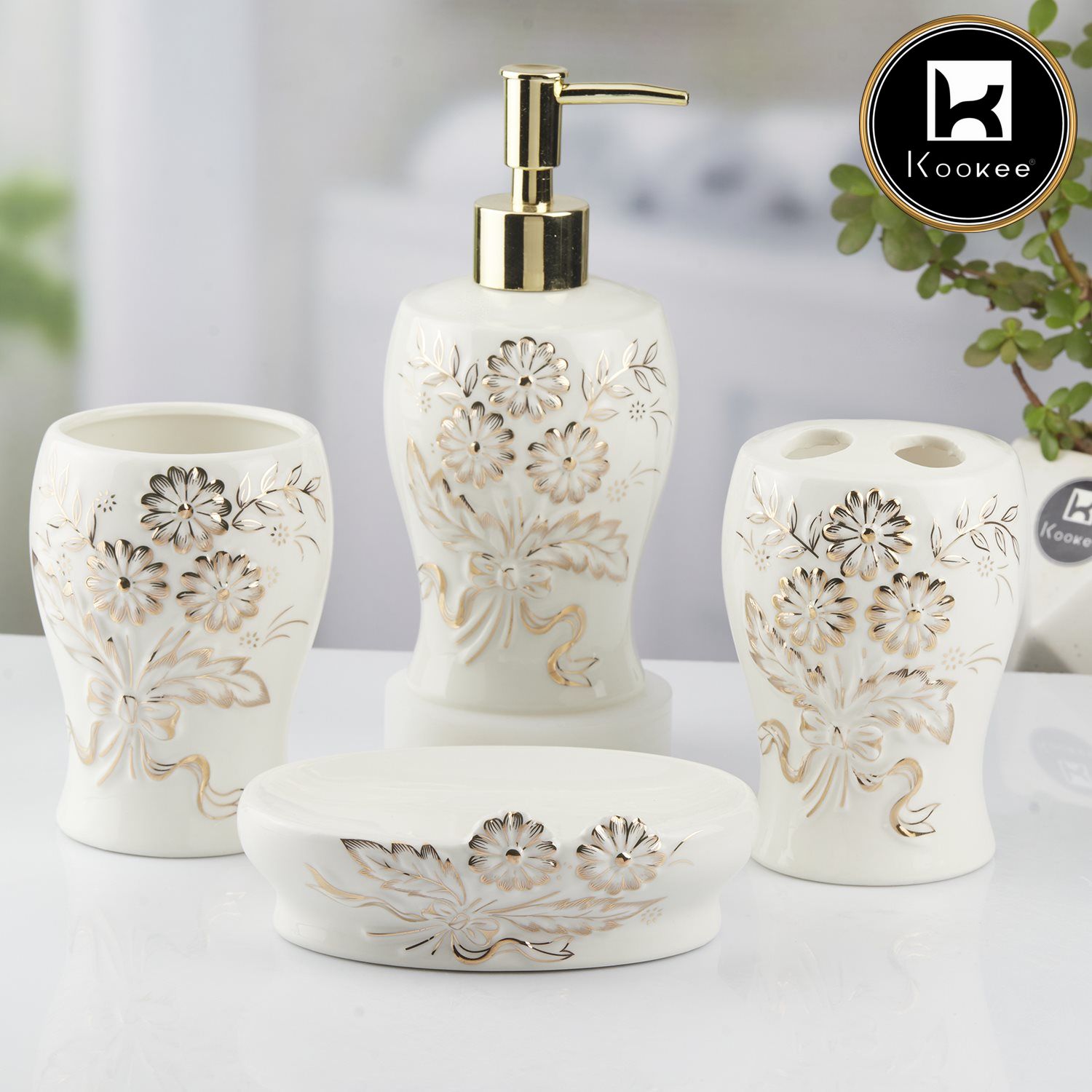 Ceramic Bathroom Accessories Set of 4 with Soap Dispenser (10103)