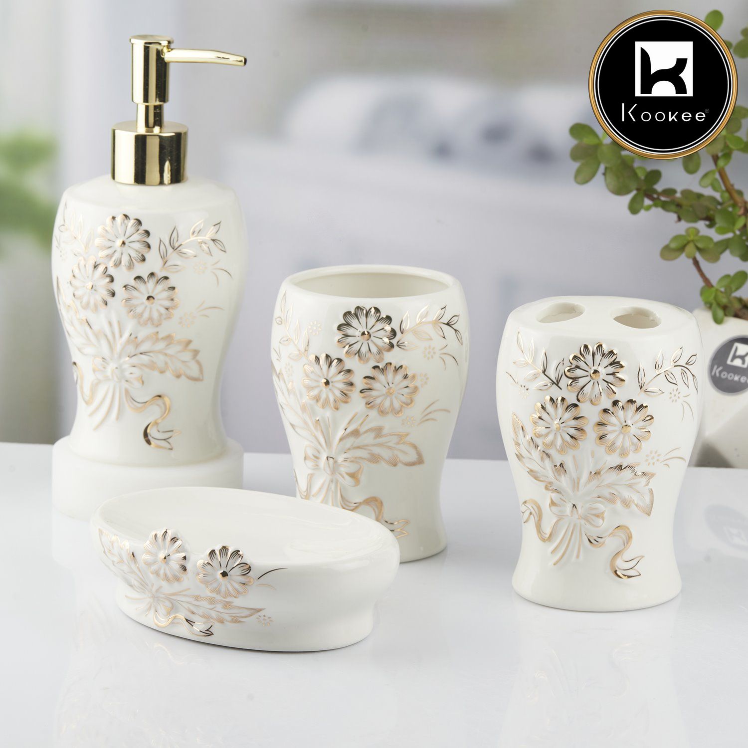 Kookee Ceramic Bathroom Accessories Set of 4, Modern Bath Set with Liquid handwash Soap Dispenser and Toothbrush holder, Luxury Gift Accessory for Home, White/Gold