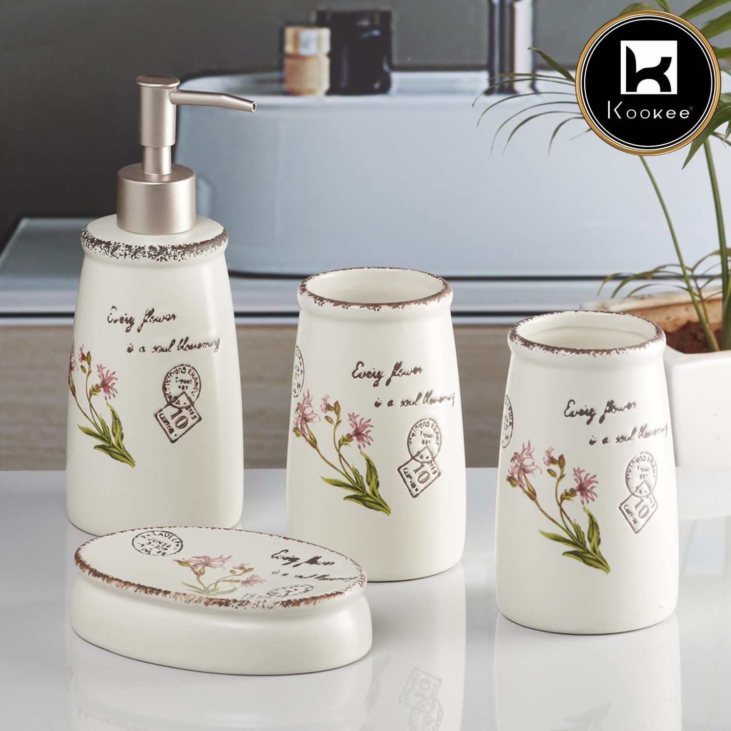 Ceramic Bathroom Set of 4 with Soap Dispenser (10105)