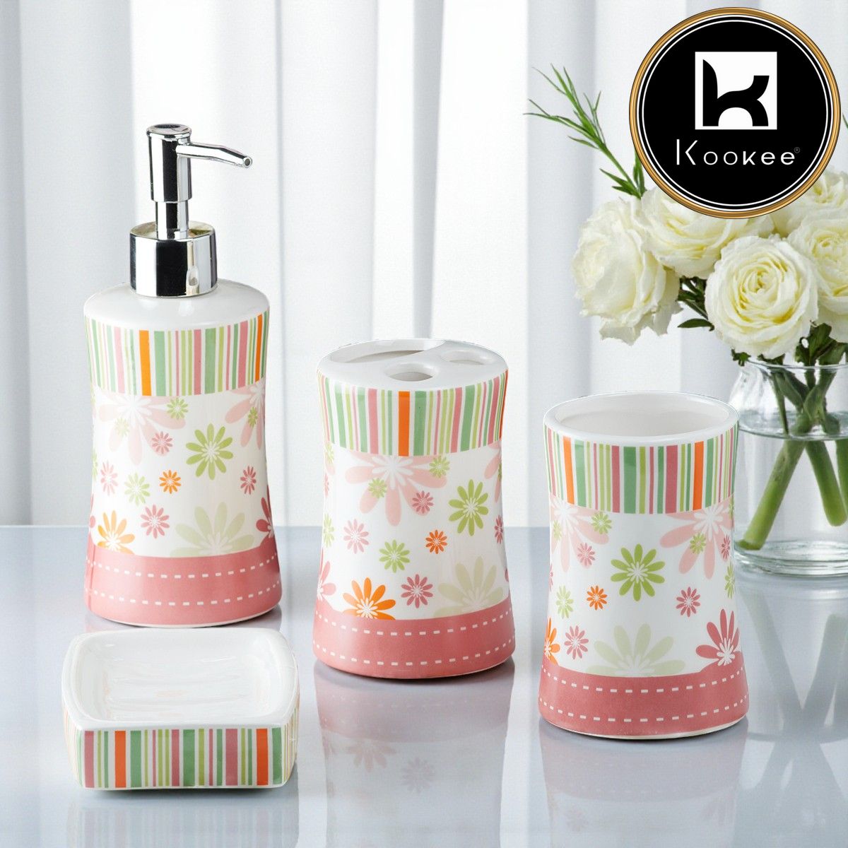 Ceramic Bathroom Set of 4 with Soap Dispenser (10106)