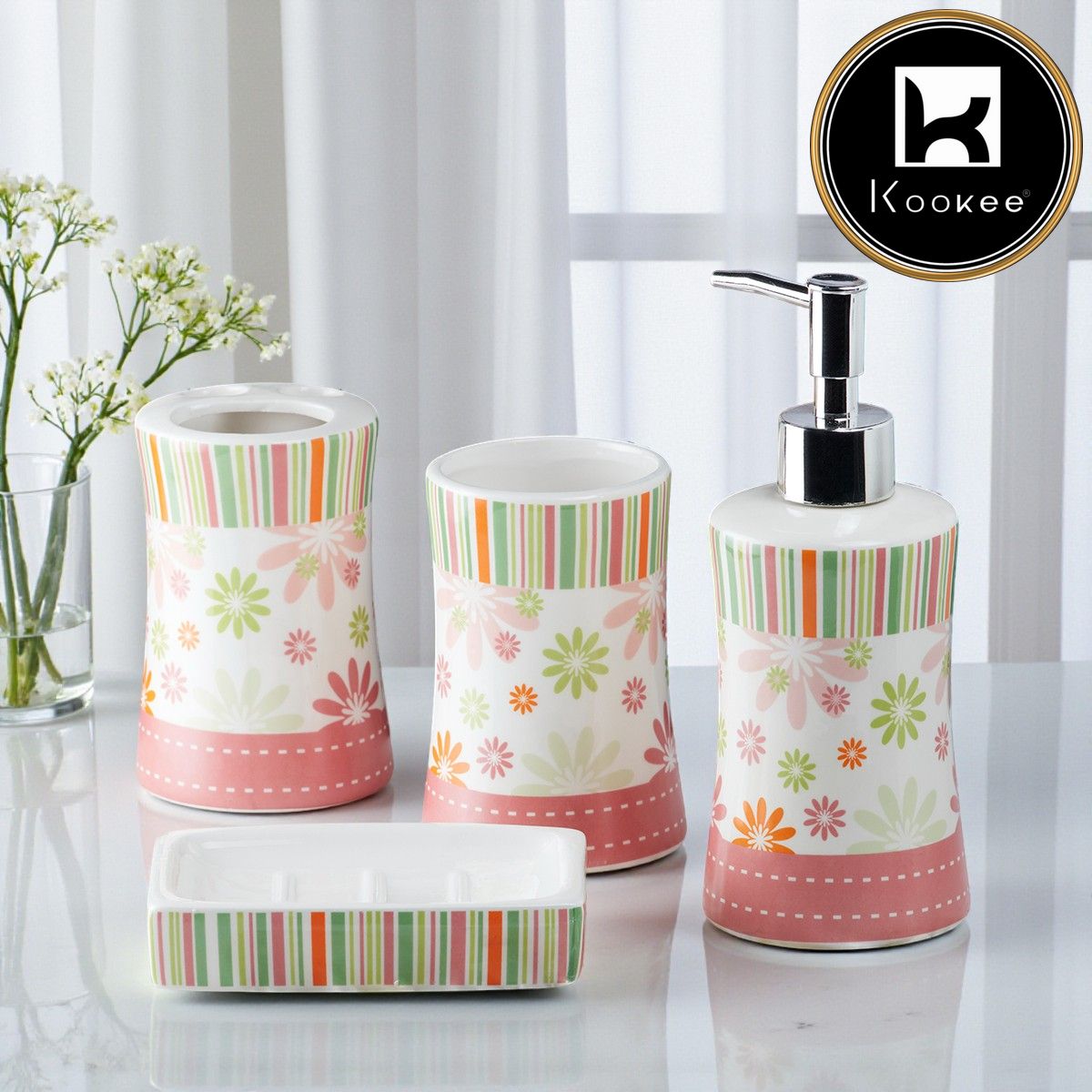 Kookee Ceramic Bathroom Sets, Pink, ART10106