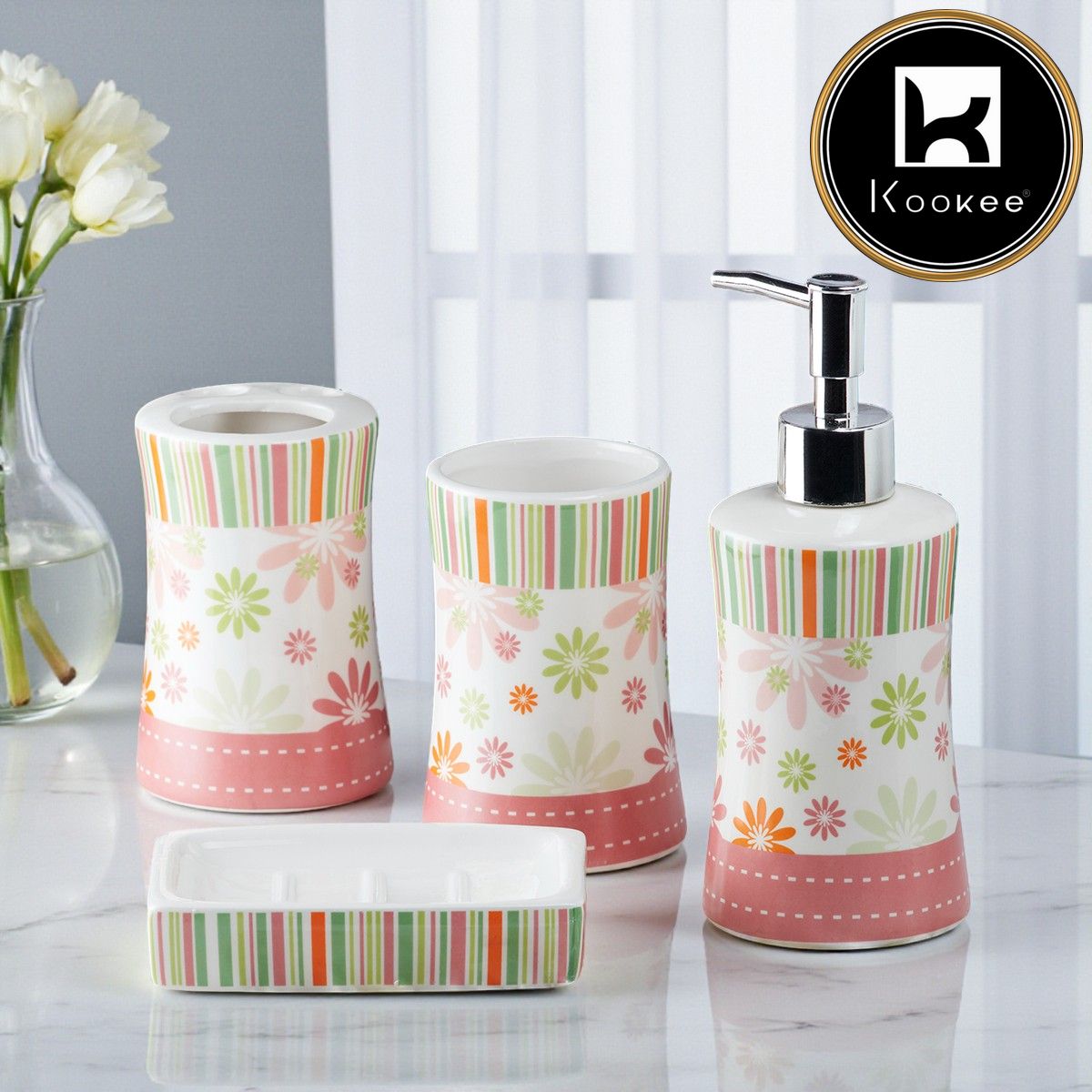Ceramic Bathroom Set of 4 with Soap Dispenser (10106)