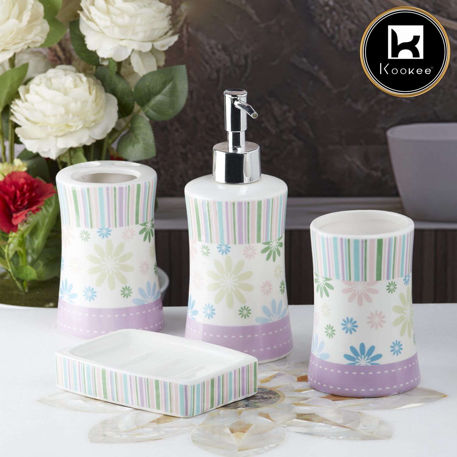 Ceramic Bathroom Set of 4 with Soap Dispenser (10107)