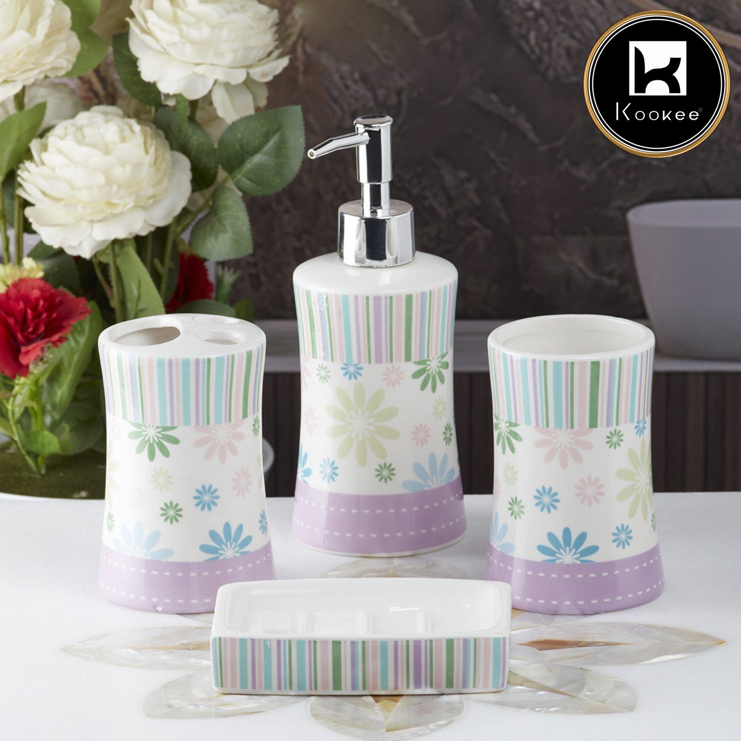 Ceramic Bathroom Set of 4 with Soap Dispenser (10107)