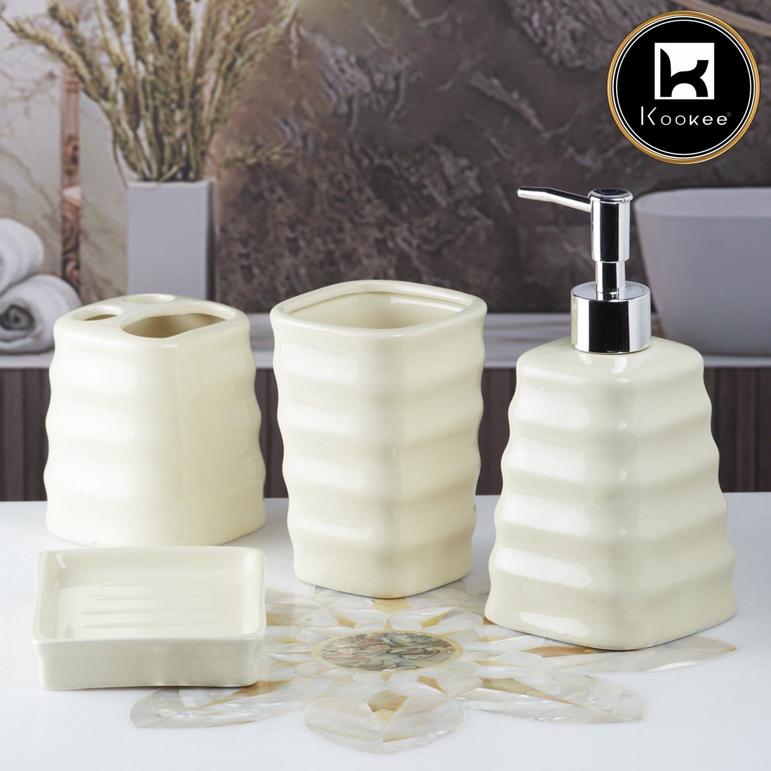 Ceramic Bathroom Set of 4 with Soap Dispenser (10110)