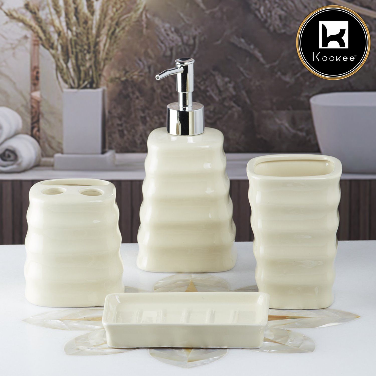 Ceramic Bathroom Set of 4 with Soap Dispenser (10110)