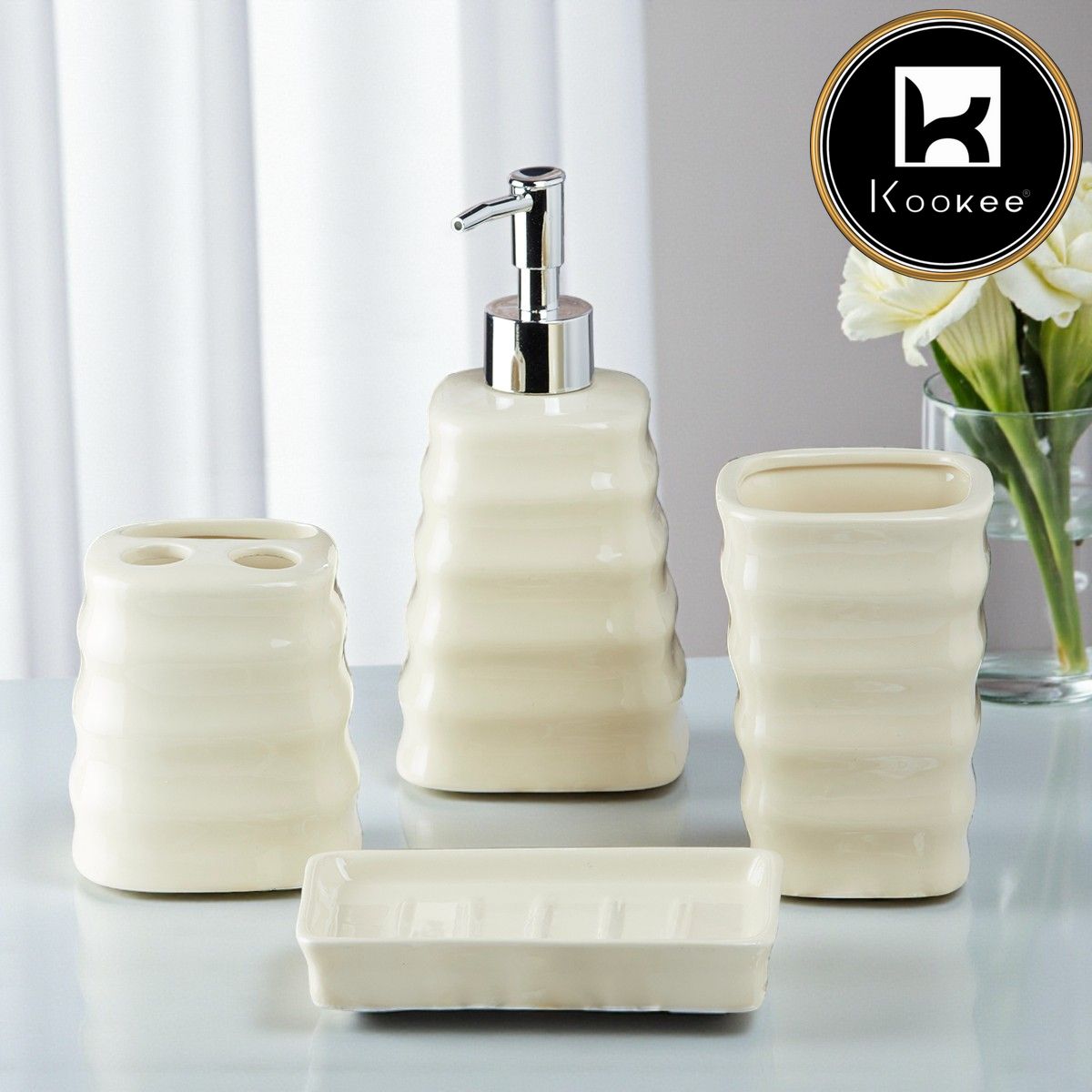 Ceramic Bathroom Set of 4 with Soap Dispenser (10110)