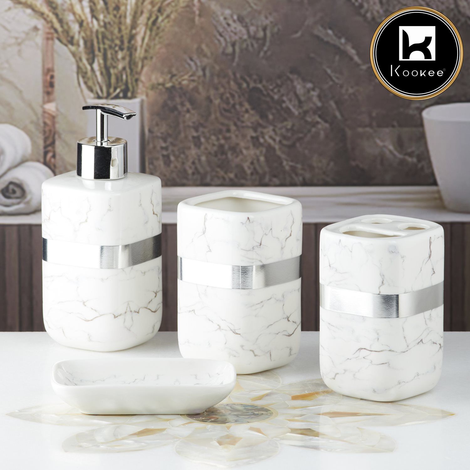 Ceramic Bathroom Accessories Set of 4 with Soap Dispenser (10111)