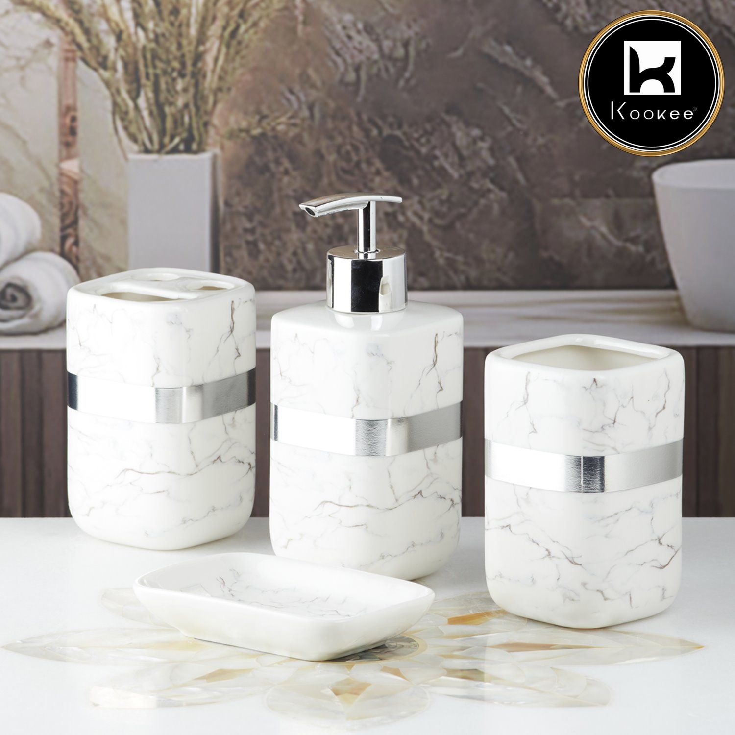 Ceramic Bathroom Accessories Set of 4 with Soap Dispenser (10111)